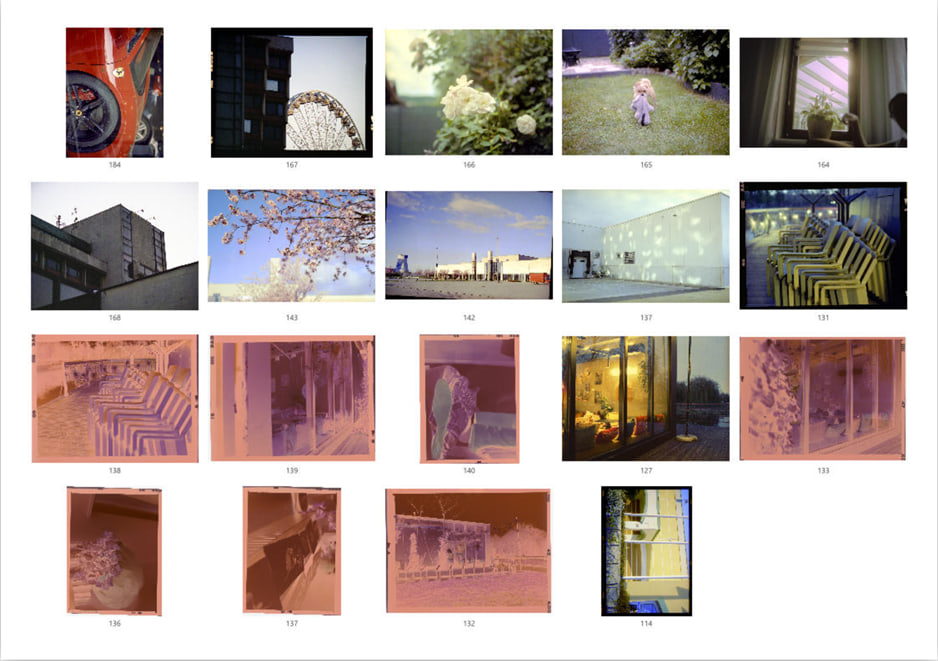 A contact sheet of nineteen frames on one sheet of A4, numbered underneath, including the frames still negative