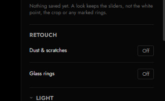 The retouch controls: dust and scratches, and glass rings, both switched off