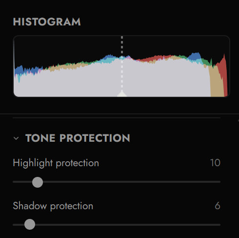 The tone protection panel: highlight protection and shadow protection sliders under a colour histogram