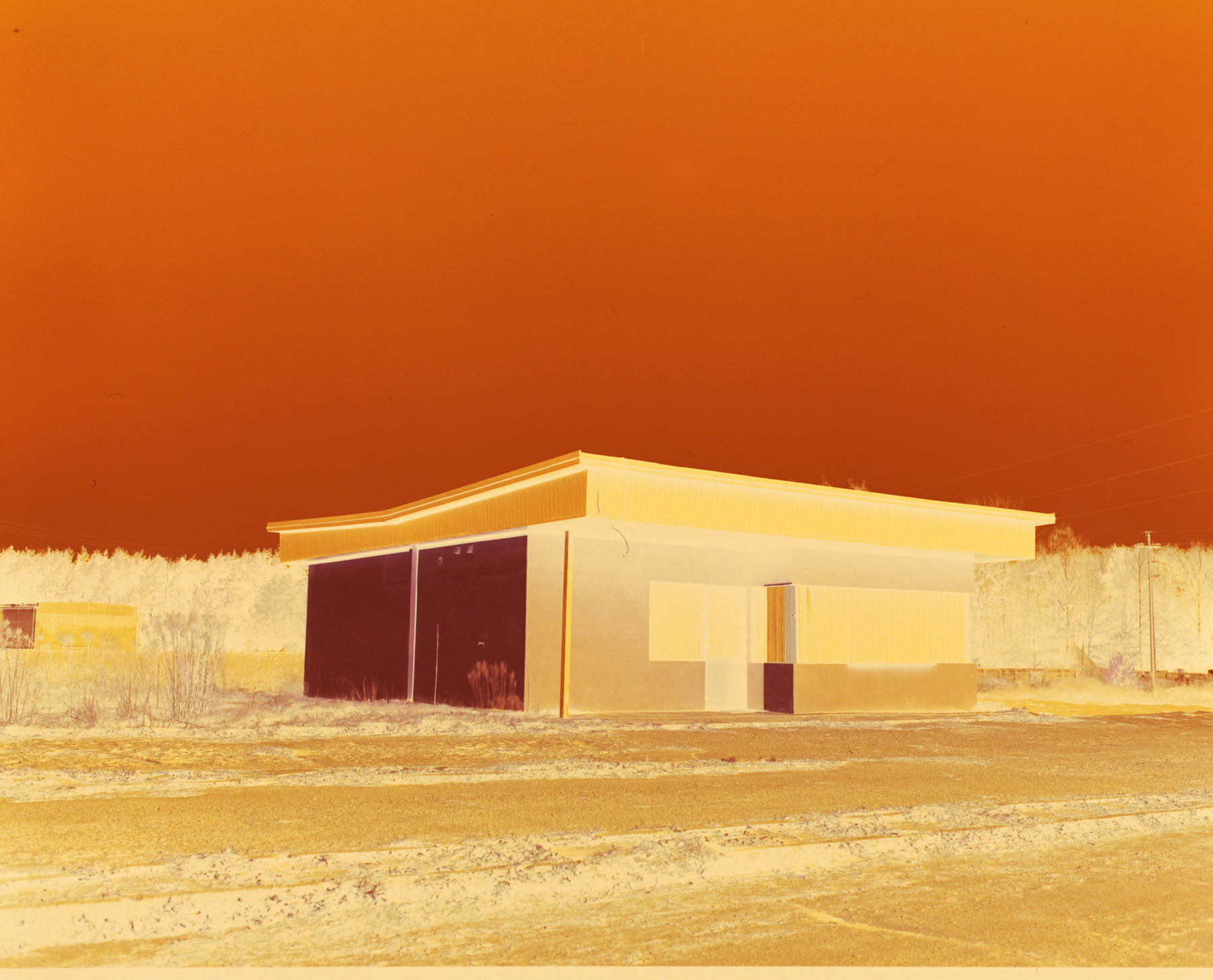 A colour negative as it comes off the scanner, the whole frame under a heavy orange base mask