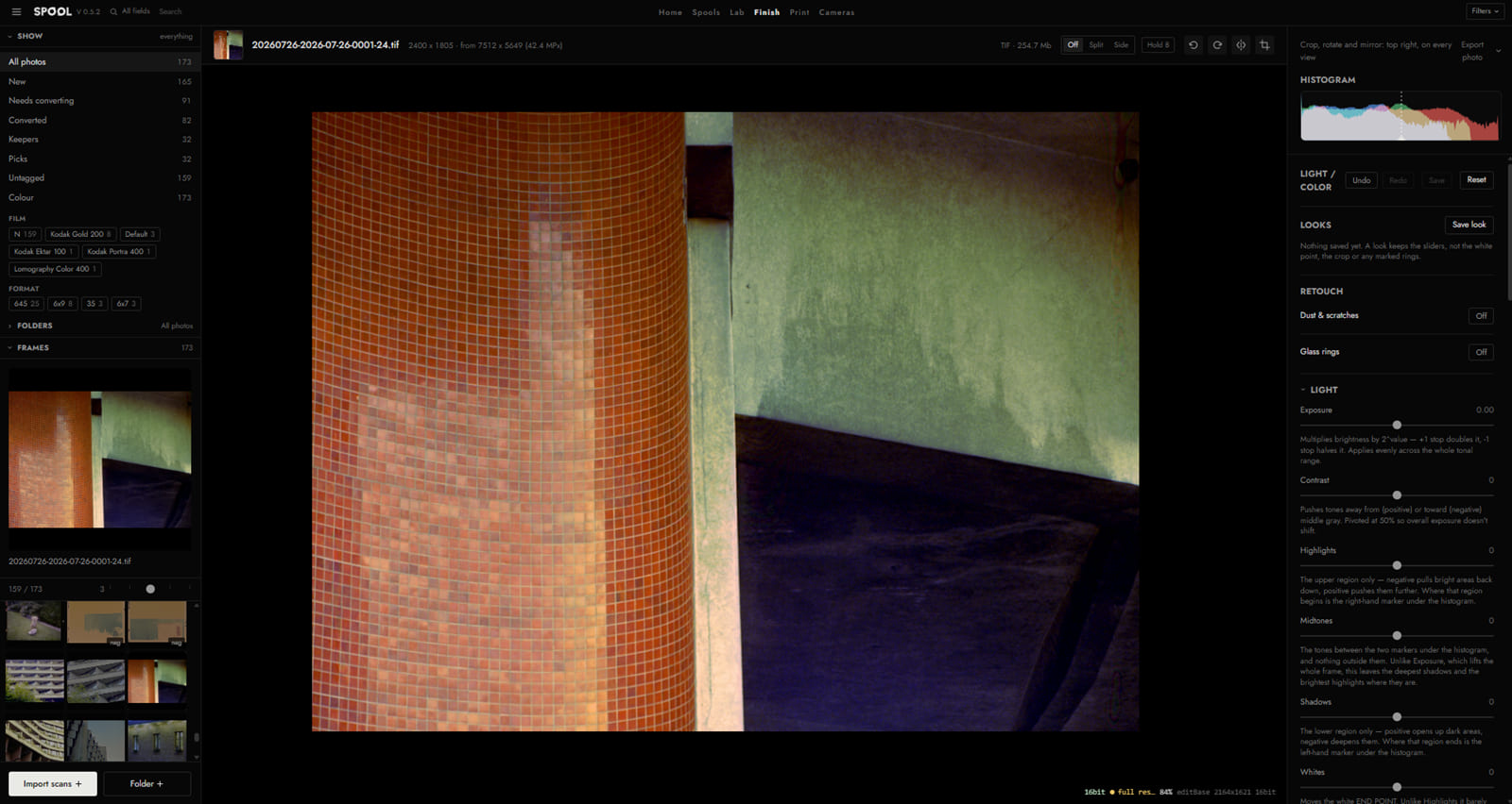 The Finish tab: a tiled column and green wall filling the frame, with light and colour controls down the right-hand side