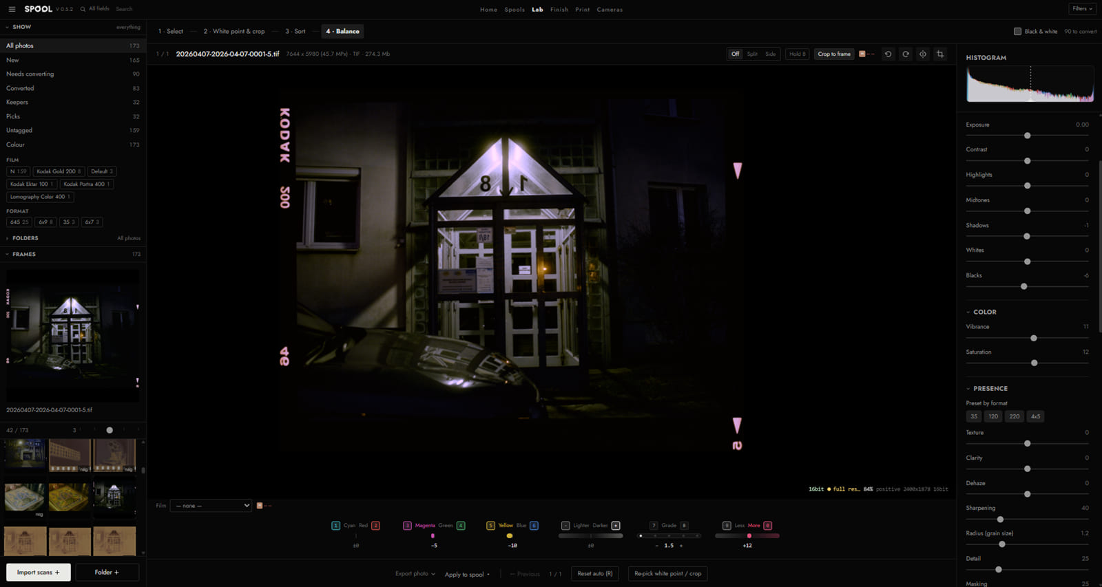 The Lab tab: a converted night frame at full size with a histogram, tone sliders and the cyan-magenta-yellow printing controls beneath it